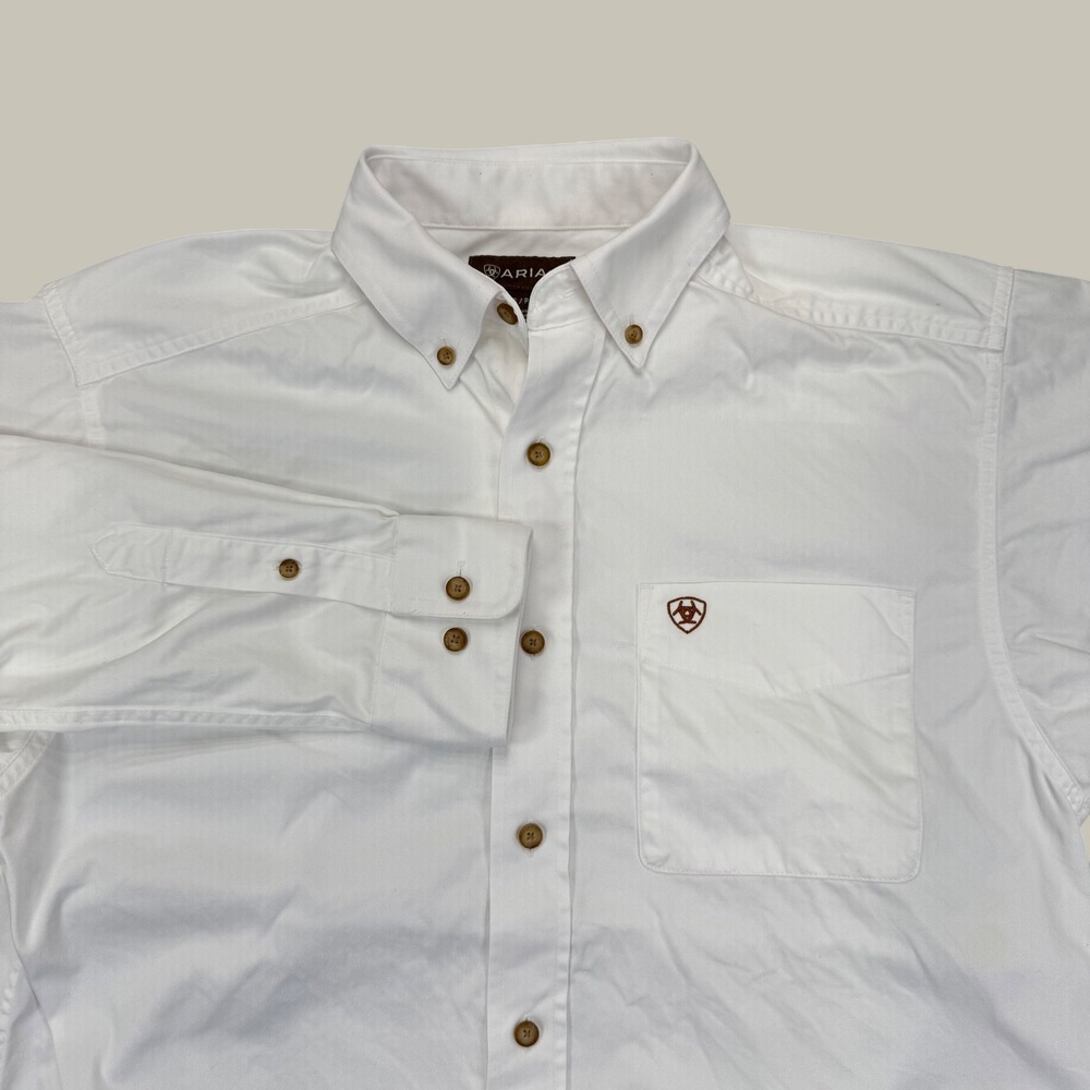 Ariat Mens White Long Sleeve Button Down Western Shirt Small Cotton Logo
